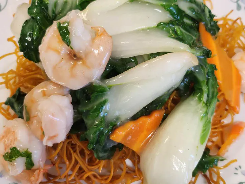 Shrimp & bok choy over crispy noodles at New Ocean Restaurant, a Chinese Restaurant in Newark